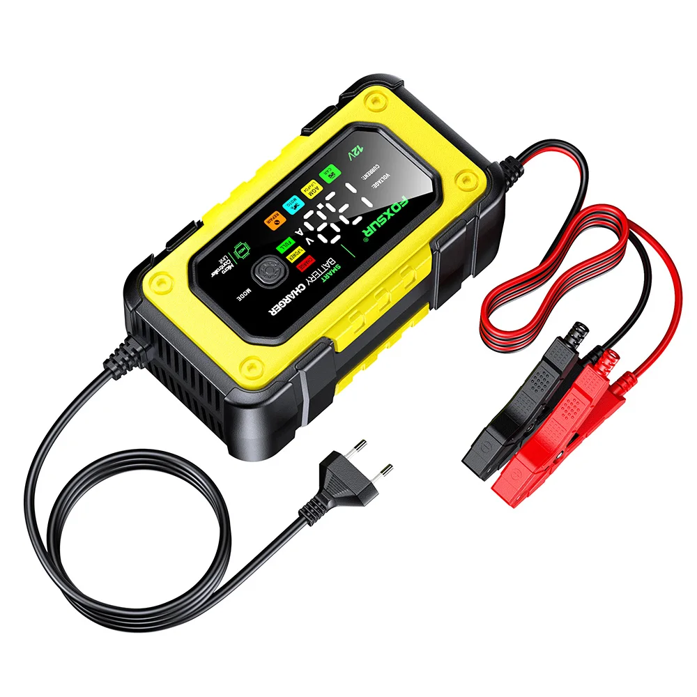 FOXSUR Car Battery Charger 12V 7A 10A Batteries 7-Stage Charging Pulse Repair with Digital LCD Display for Car Motorcycle