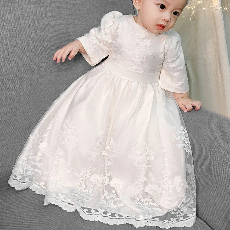 

Christening Outfits for Newborn Girls White Lace Baptism Dress+Headband Flower Girls Wedding Birthday Ball Gown Robe Vestido 1Y