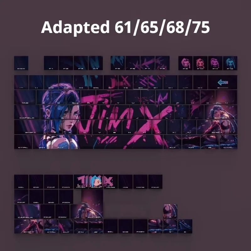 Jinx Theme Keycaps 130 Keys Side Engraved Translucent Pbt Material Thermal Sublimation Process Mechanical Keyboard Mouse Keycaps