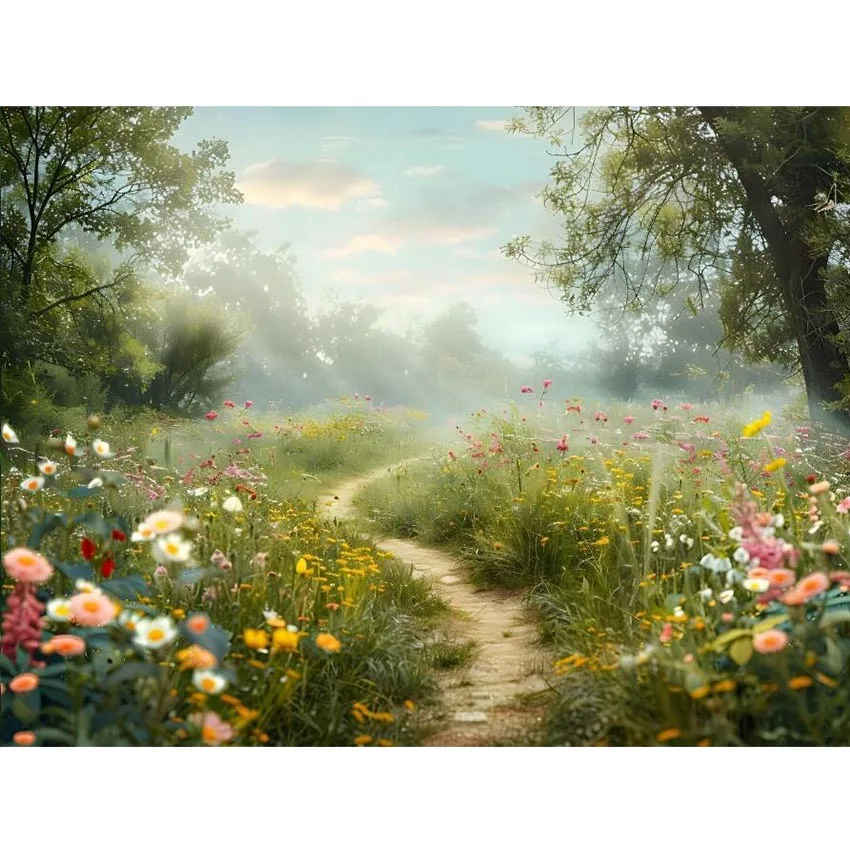 Avezano Spring Backdrops Green Lush Path Summer Forest Wildflowers  Landscape Girls Art Photography Background Photo Studio