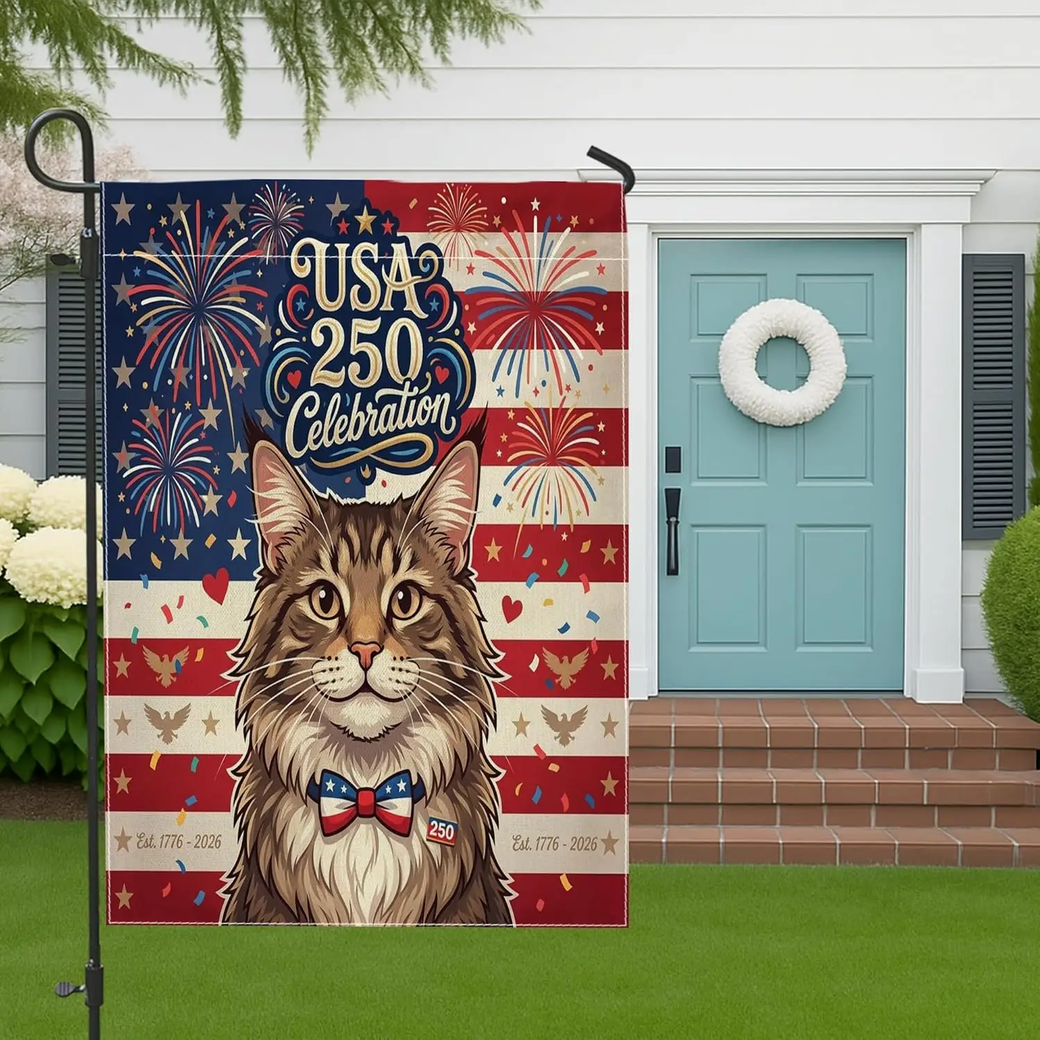 250 Years Maine Coons Cats Front Yard Backyard Burlap Garden Flags 12x18 Double Sided for Outside, 4th of July Patriotic Pat AAS