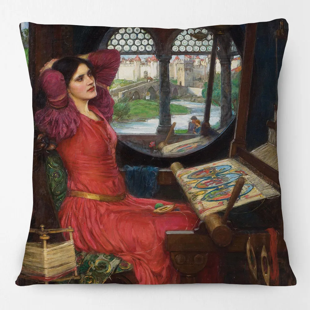 European John William Waterhouse Art Female Woman Beauty Mermaid Portrait Painting Cushion Cover The Lady of Shalott Pillow Case