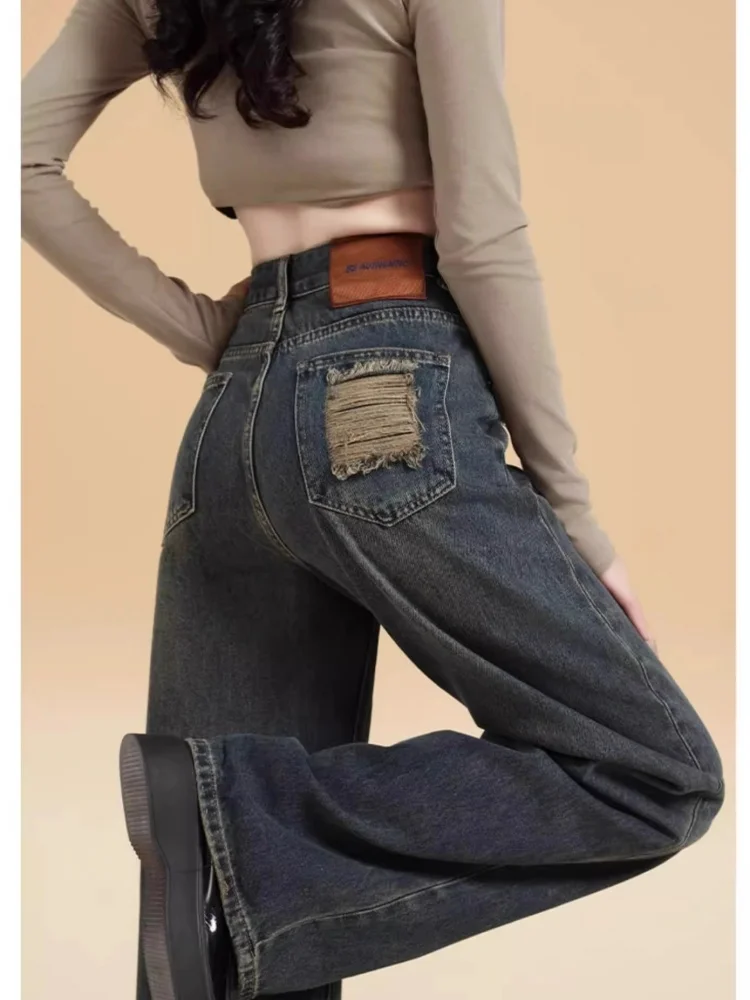 ارتفاع الخصر واسعة الساق الجينز المرأة فضفاضة تناسب المسيل للدموع تصميم مستقيم قطع الجينز الرجعية Sle لباس غير رسمي نسيج عالي الجودة #5