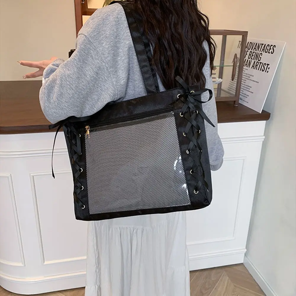 Large Capacity Sweet Ita Tote Bag Clear Front Pocket Bow Ribbon Japanese JK Ribbon Bag Multi-Purpose DIY Women Ribbon Handbag - view 4