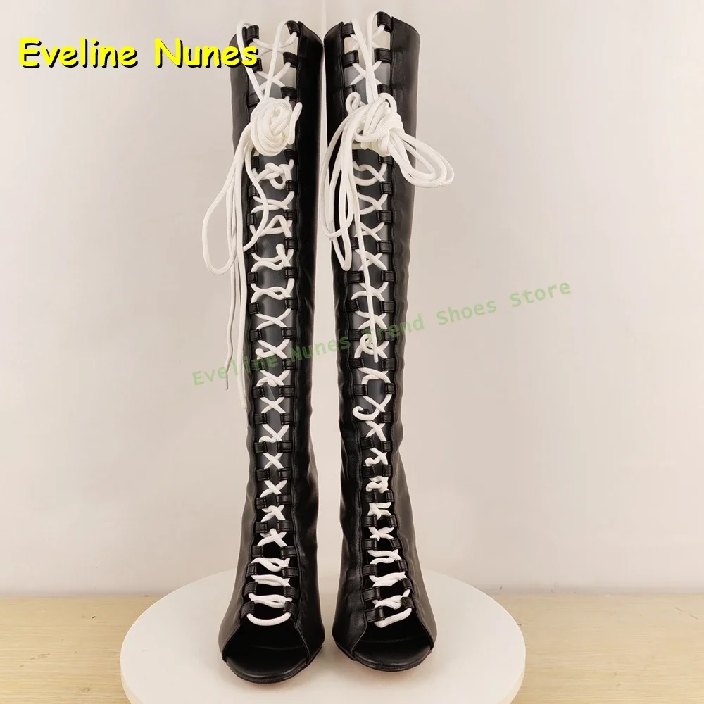 الأبيض والأسود قطع الدانتيل يصل المرأة موضة حذاء برقبة للركبة اللمحة تو الصليب تعادل مثير المصارع 2025 الخريف الشارع نمط الأحذية