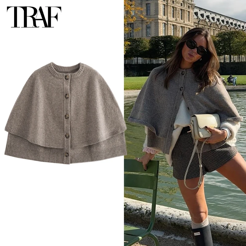 TRAF Knit Cape Cardigan for Women Shawl Winter Coats woman 2024 Cropped Coat Ponchos for Women Fashion Outerwear Cloaks of Woman