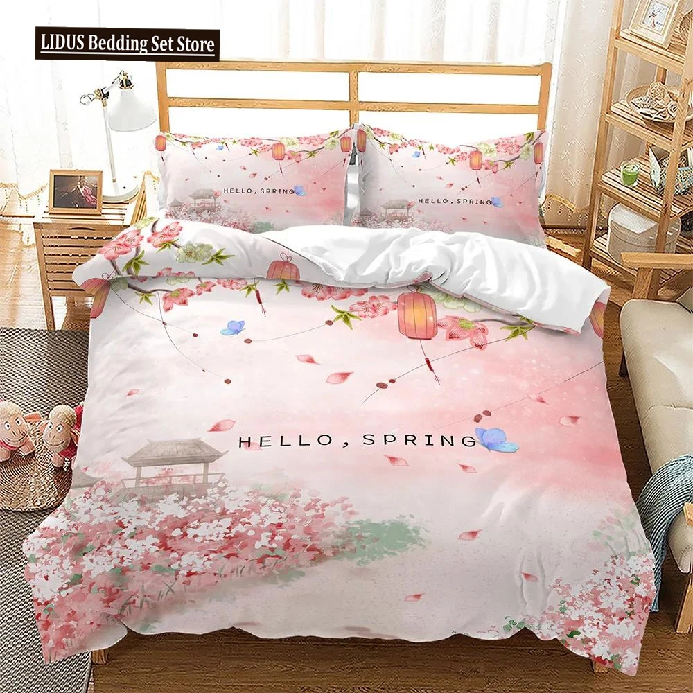 Spring Flowers King Queen Duvet Cover Pink Sakura Bedding Set Girls Cherry Blossoms Quilt Cover Floral Polyester Comforter Cover