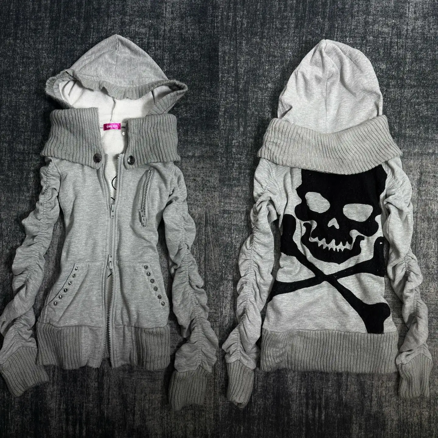 Sudaderas clásicas ajustadas con doble cremallera para mujer, color gris, con estampado de calaveras góticas Harajuku, sudaderas cálidas con capucha de Anime Grunge
