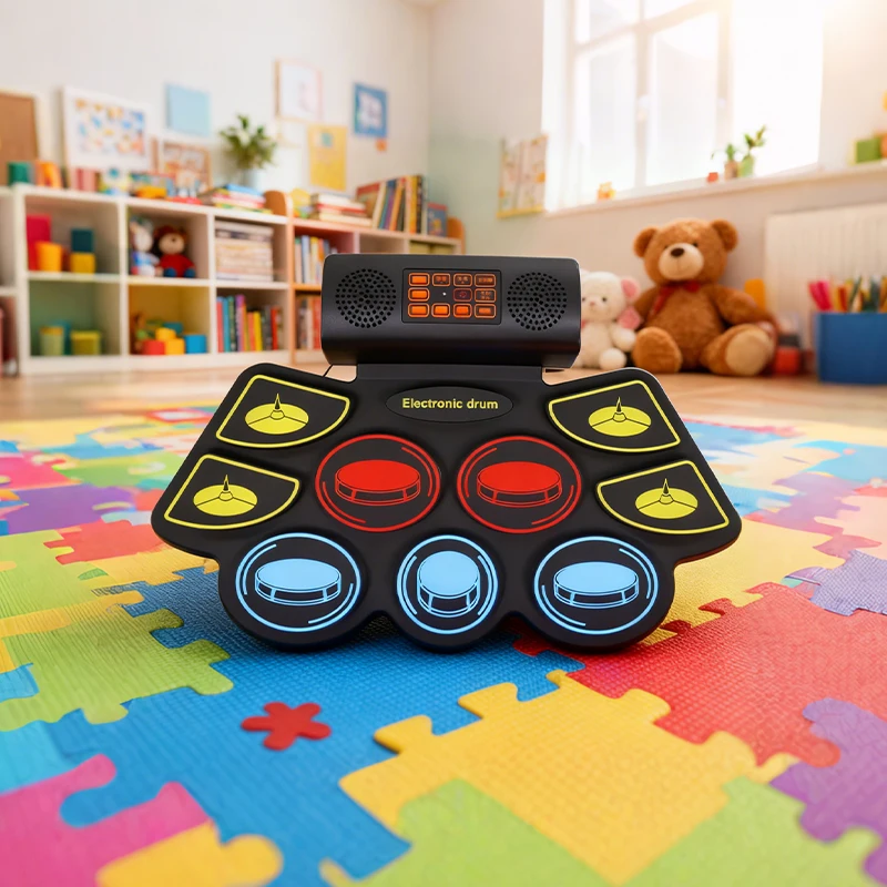 مجموعة طبول إلكترونية محمولة ملونة قابلة للطي ملفوفة يدويًا براميل MIDI بلوتوث مع دواسات أفخاذ للمبتدئين في الممارسة #2