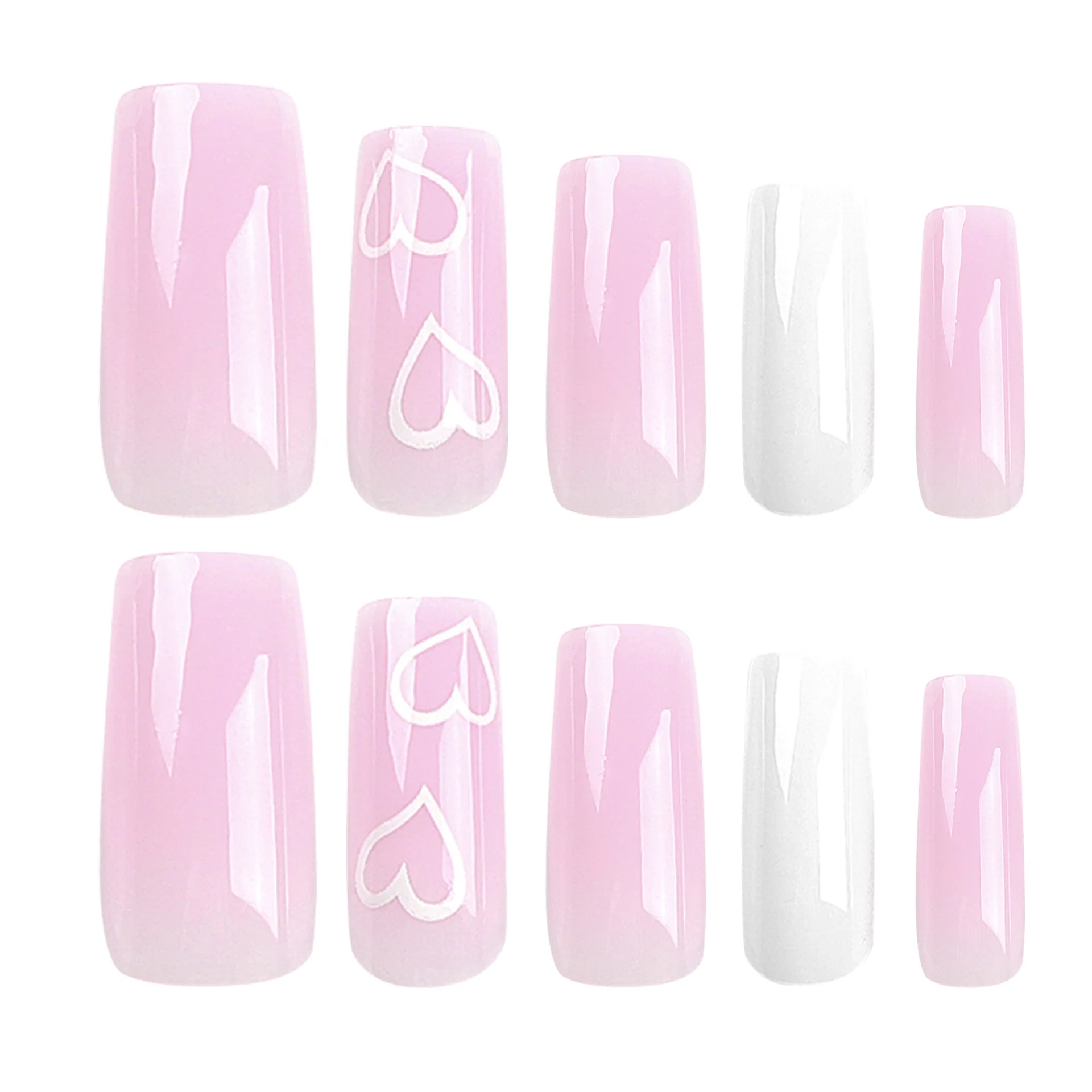 Valentine's Day Press on Nails Long Square Fake Nails Pink Solid Color Acrylic Nails White Heart Glue on Nails Reusable Mirror S