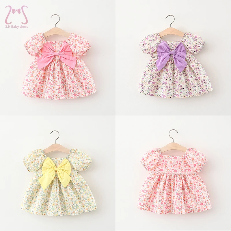 

Sweet Floral Baby Girls Dresses Summer Puff Sleeve Bow Infant Children Clothes Thin Fashion Toddler Kids Costume 0 To 3 Years