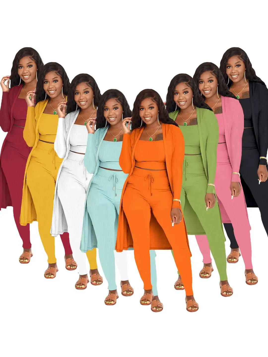 

New Women's Fashion Three-Piece Set Color Block Striped Design Polyester Long Sleeve Long Pants Universal Fit Spring 2026