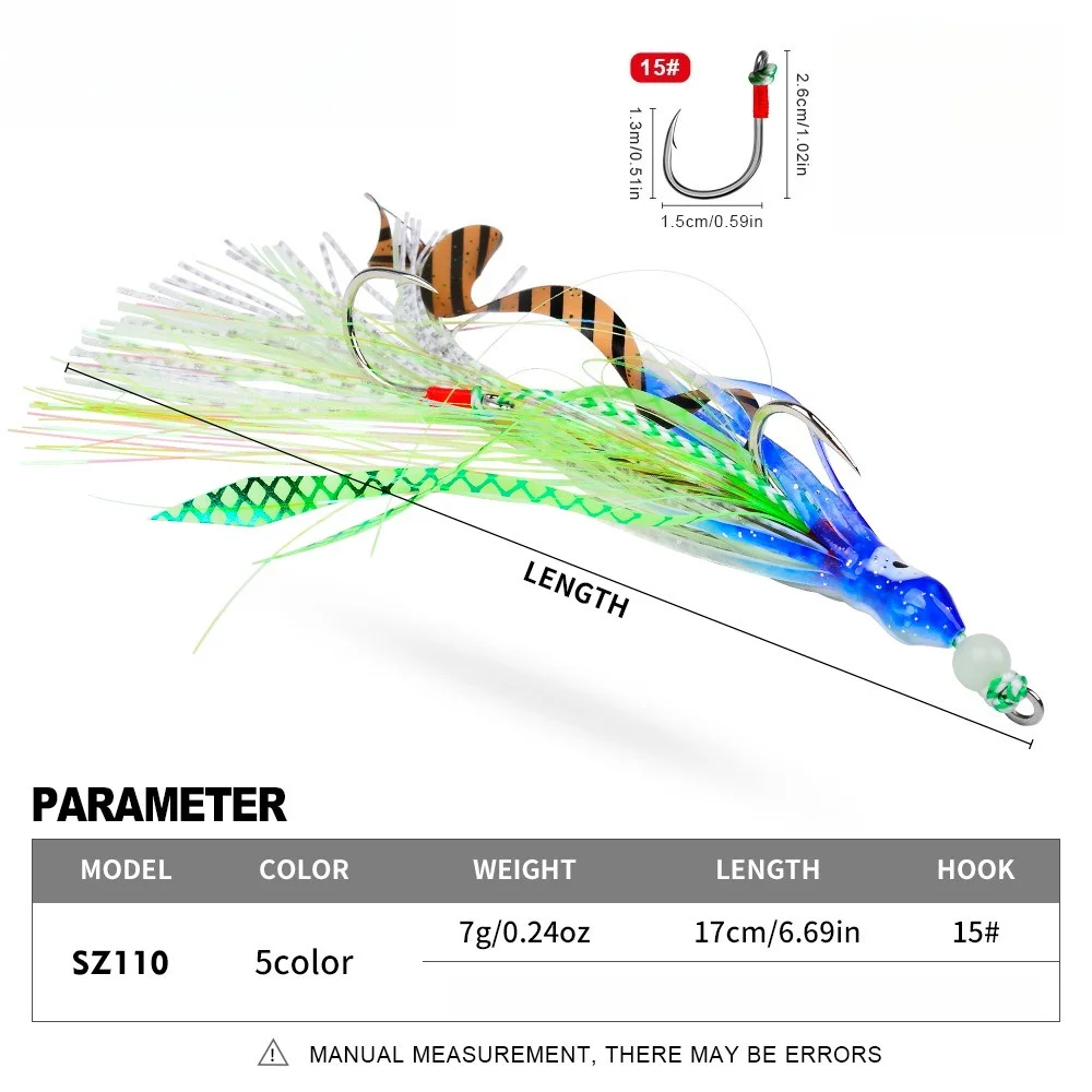 1pcs Silicone Octopus Rig with Metal Plate and Double Hooks,17cm/7g Night-Glow Feathered Squid Lure for Sea and Boat Fishing