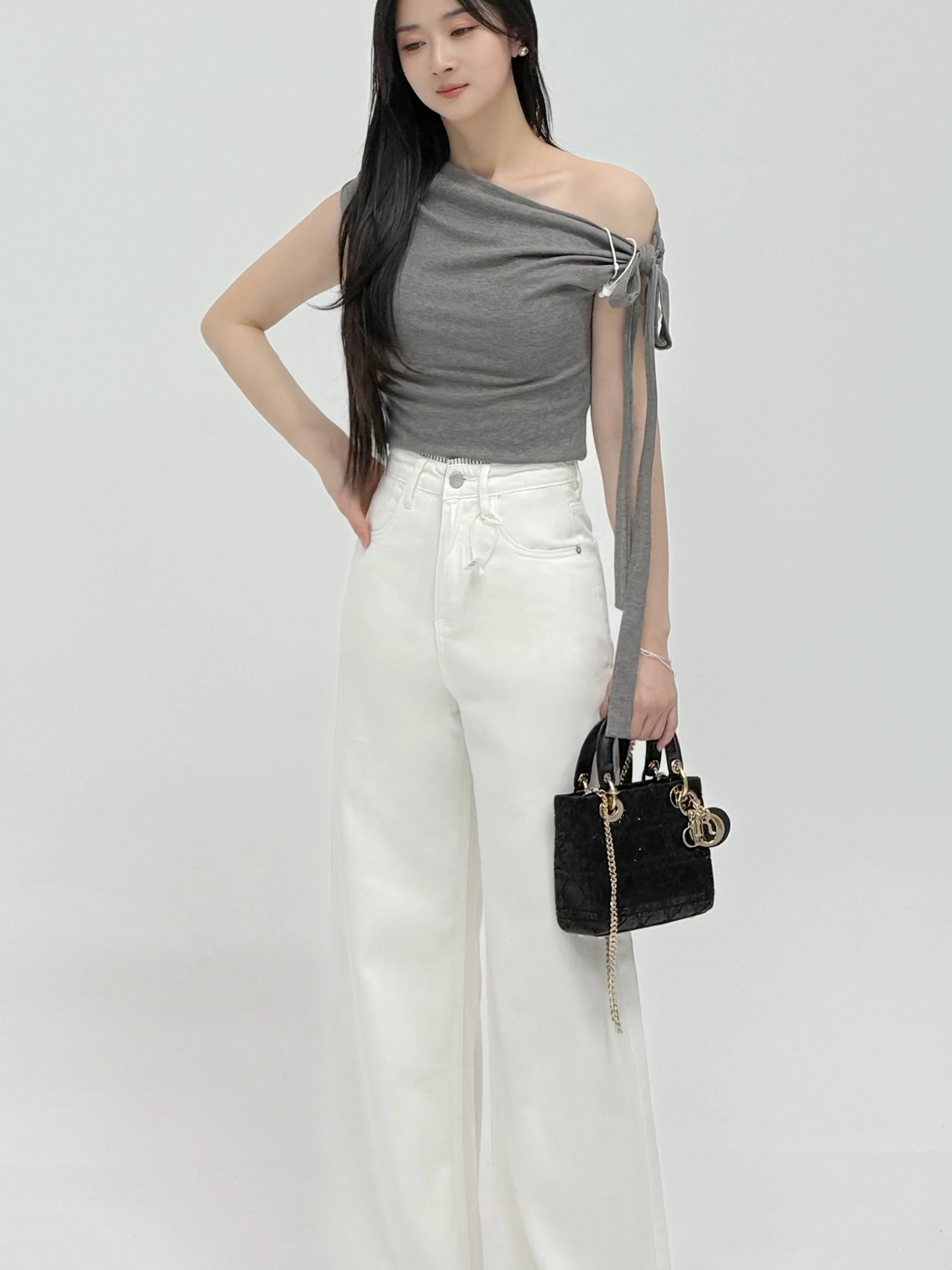 

Широкие брюки с высокой талией, в полоску, свободные, драпированные, повседневные, на молнии, летние джинсы для девочек-подростков