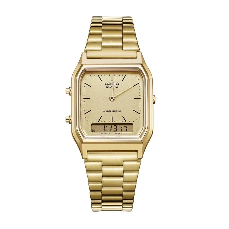 Reloj de pulsera Casio AQ-230GA-9D/9B dorado neutro, reloj informal de cuarzo resistente al agua con pantalla dual cuadrada pequeña de lujo retro