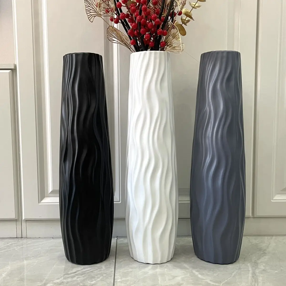 

YFY floor-to-ceiling large vase high simple plastic imitation ceramic white black home dried flower living room decoration