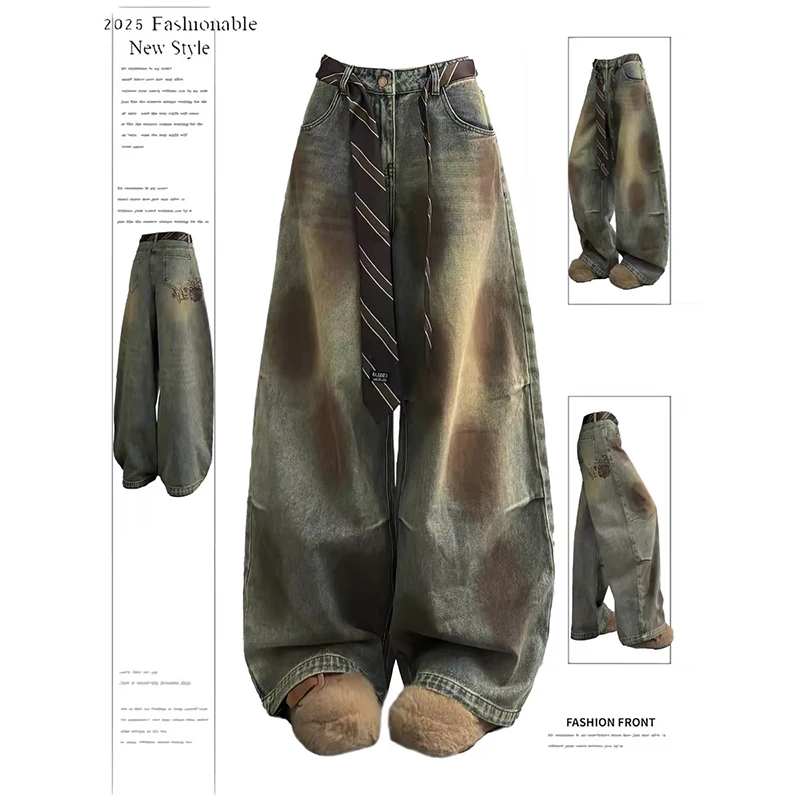 ZHIZOU Women Baggy Blue Cargo Jeans Embroidery Y2k Japanese Streetwear Cyber Punk Denim Pants Wide Fit Harajuku Cowboy 2000s New