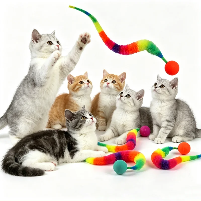 5 Pcs Cat Interactive Toys Colorful Bouncing Ball & Bendable Worm Caterpillar Supplies For Indoor Kitten Entertainment