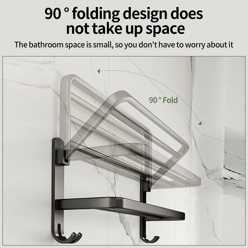 Bathroom Towel Holder no drill Black Grey Towel Rack Self Folding Holder Storage With Hook Wall Mount Bath Accessories