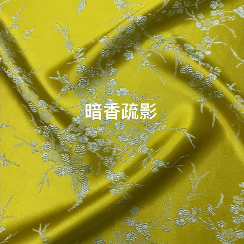 

New silk jacquard satin ginger yellow plum blossom cheongsam Hanfu dress clothing fabric