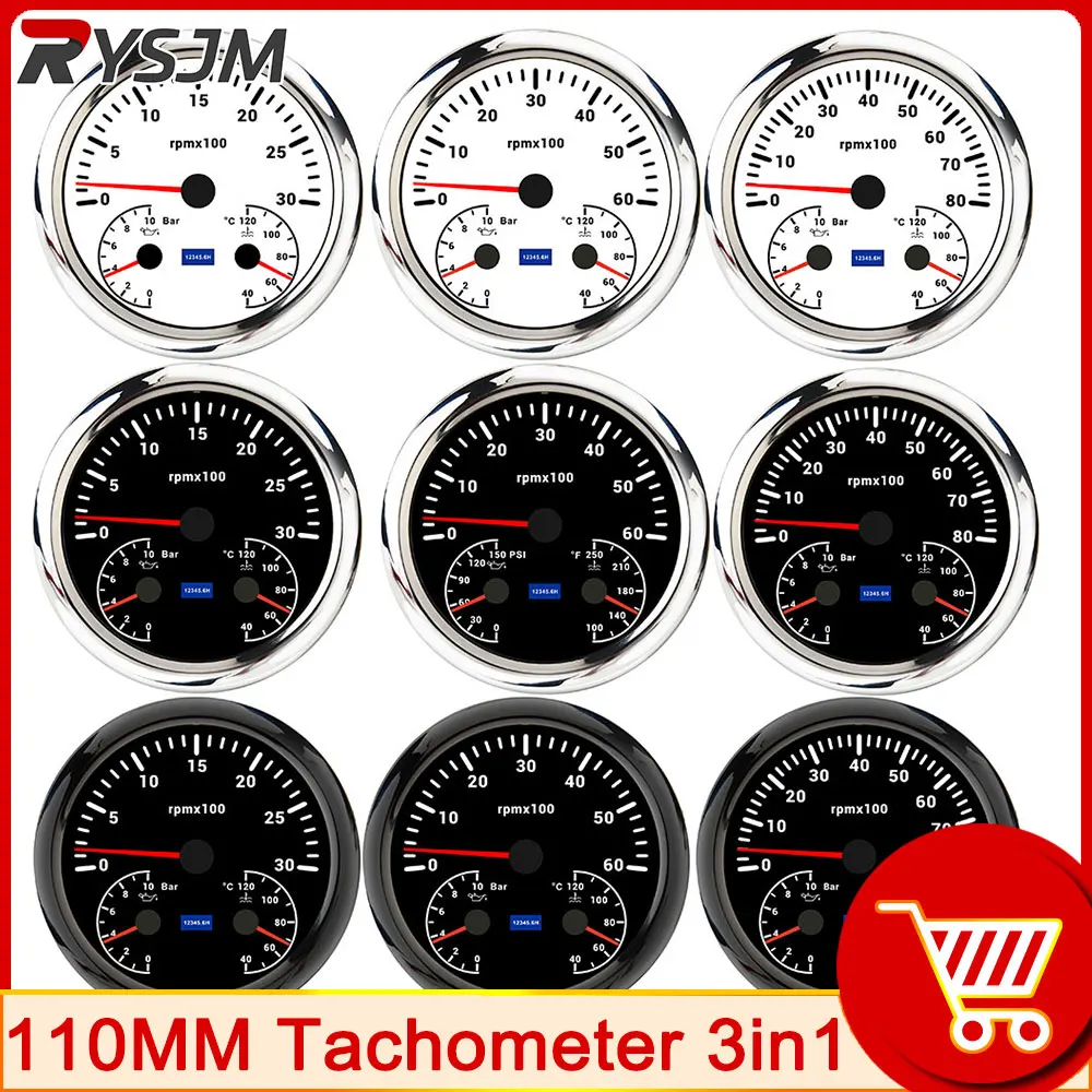 

110mm Tachometer Multi-functional 3 in 1 Meter Oil Pressure Gauge BAR PSI Water Temp Meter 12V for Car Boat Red Backlight