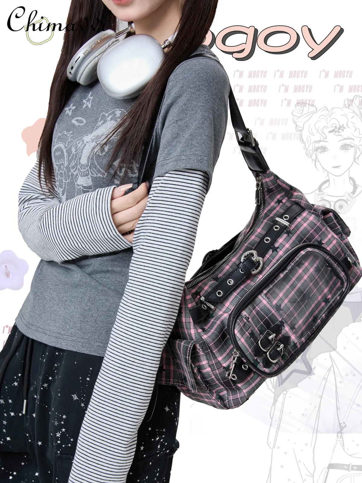 

Original Japanese Style Grids Pattern Woolen Pain Bag Daily Sweet Cute Girl Large Capacity Pink Shoulder Baby Crossbody Bag