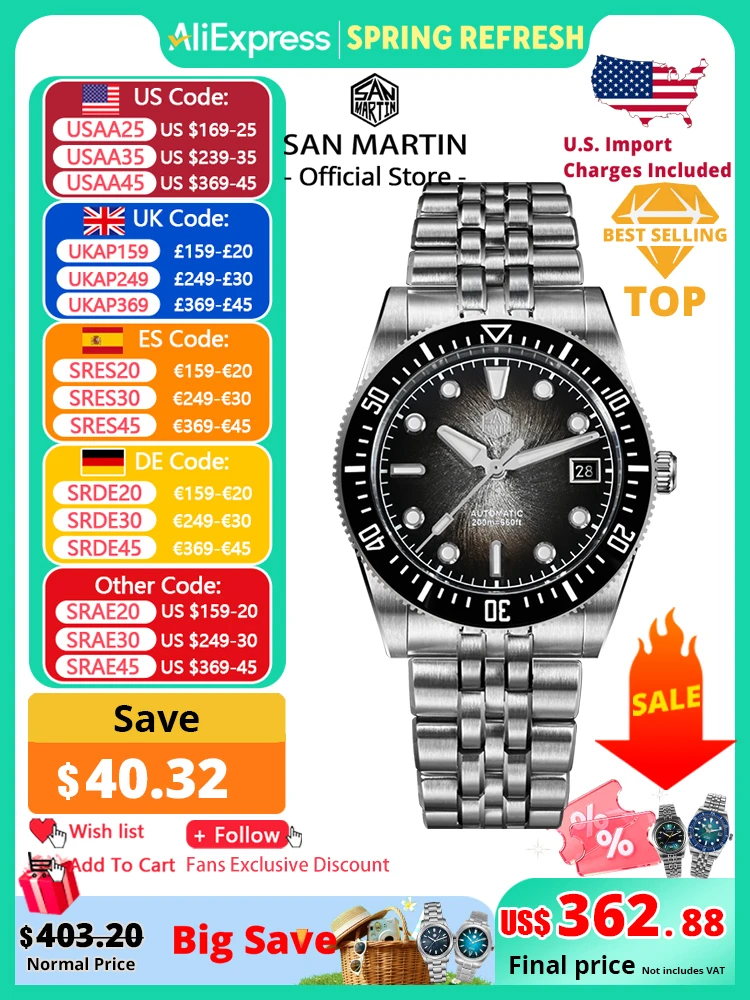 

San Martin 37.5mm 40mm Enamel Spiral Vortex Dial Men Luxury Diver Watch Miyota 9015 Automatic Mechanical Waterproof 200m SN0148