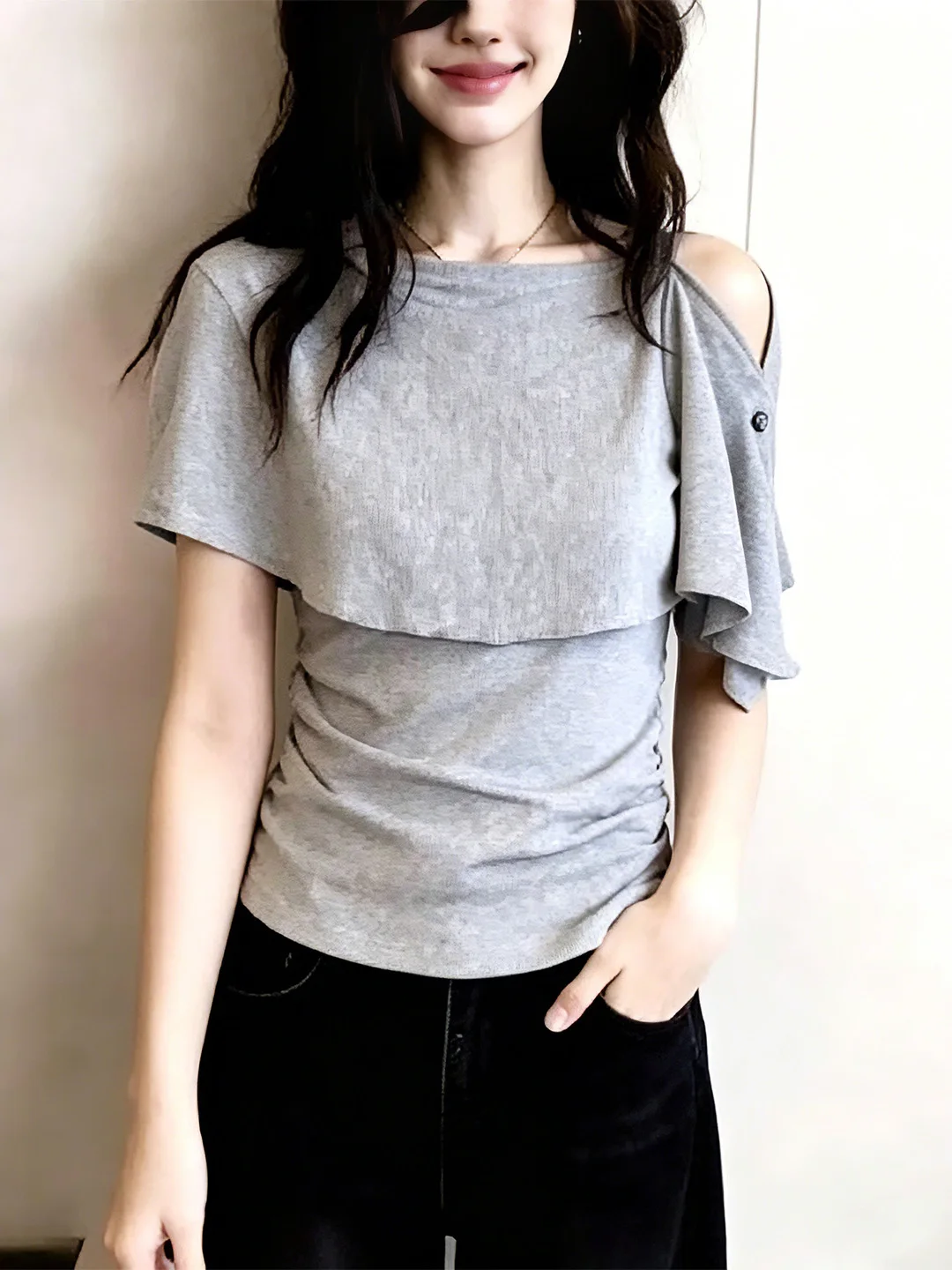 

Korean Style Pure Color Versatile Shoulder Bared T-Shirt Women's Slimming Top for Summer Commute Fashion Casual Wear