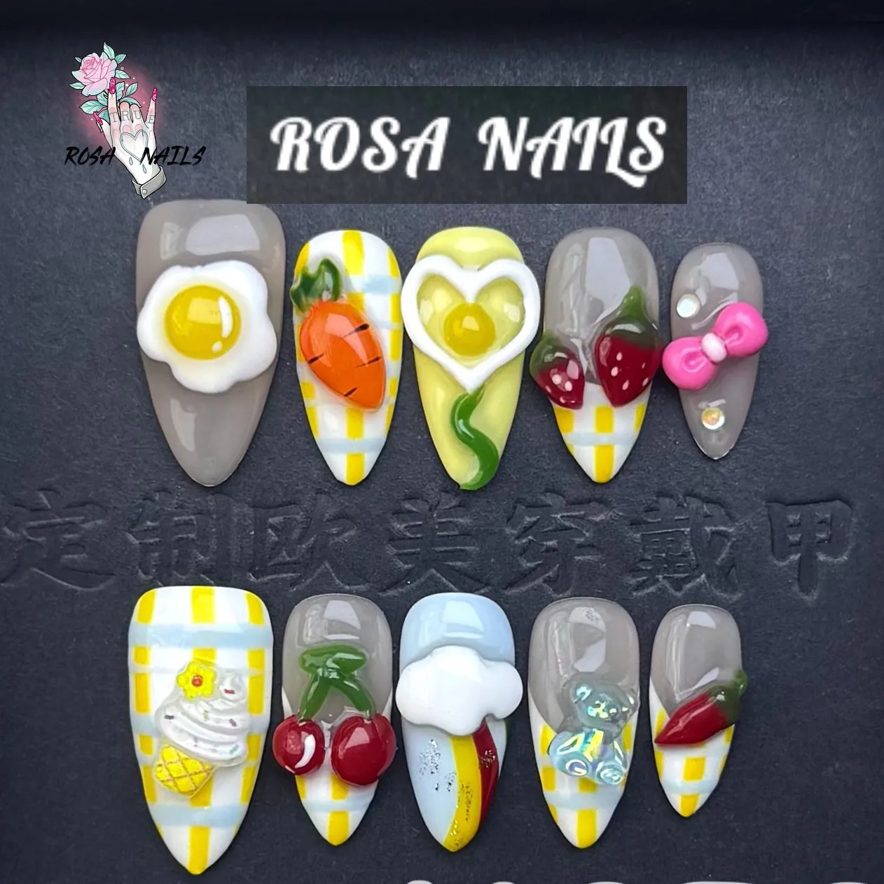 

10 шт., милые накладные ногти с клубникой и вишней, желтый цвет, французский стиль, накладные ногти ручной работы, 3D бантики, медведь, миндаль, Y2k, накладные ногти