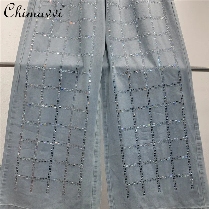 Heavy Shiny Hot Diamond Denim Shirt Casual Pants 2-piece Set Women\'s Spring and Autumn New Fashion Loose High Street Pant Sets