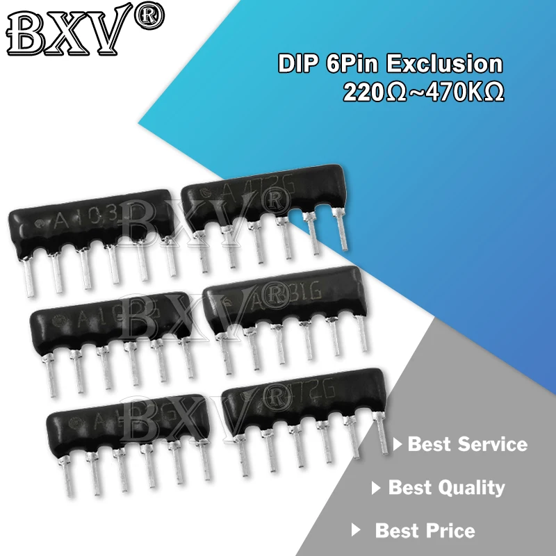 50PCS 6Pin DIP Exclusion Network Resistor Array 220 330 470 510 560 1K 1.5K 2K 2.2K 3K 3.3K 4.7K 5.1K 10K 22K 47K 51K 100K Ohm
