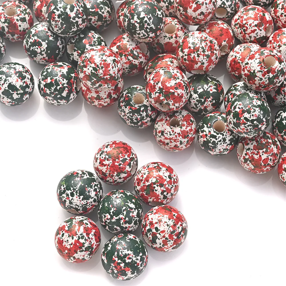16mm 10 Stück Weihnachts-Holzperlen mit bemaltem Rot-Grün-Splatter-Graffiti, Vintage-Optik, große Löcher für DIY-Bastelarbeiten und Girlandenherstellung – Detail 2