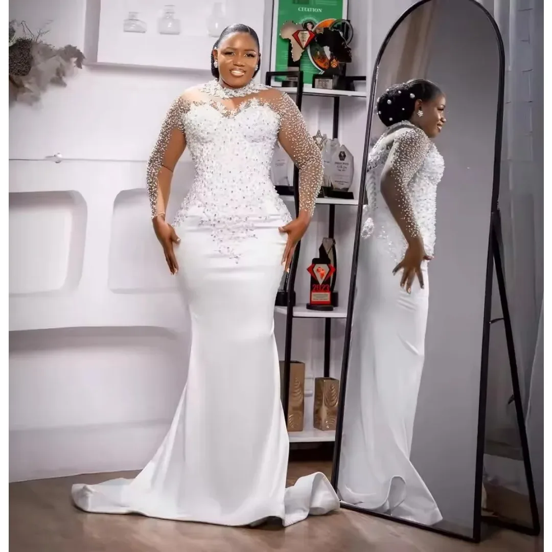Aso Ebi Bridal Mermaid Satin Wedding Dress High Neck Sheer Sleeve Rhinestone Beaded Fitted African  Wedding Gown Customized
