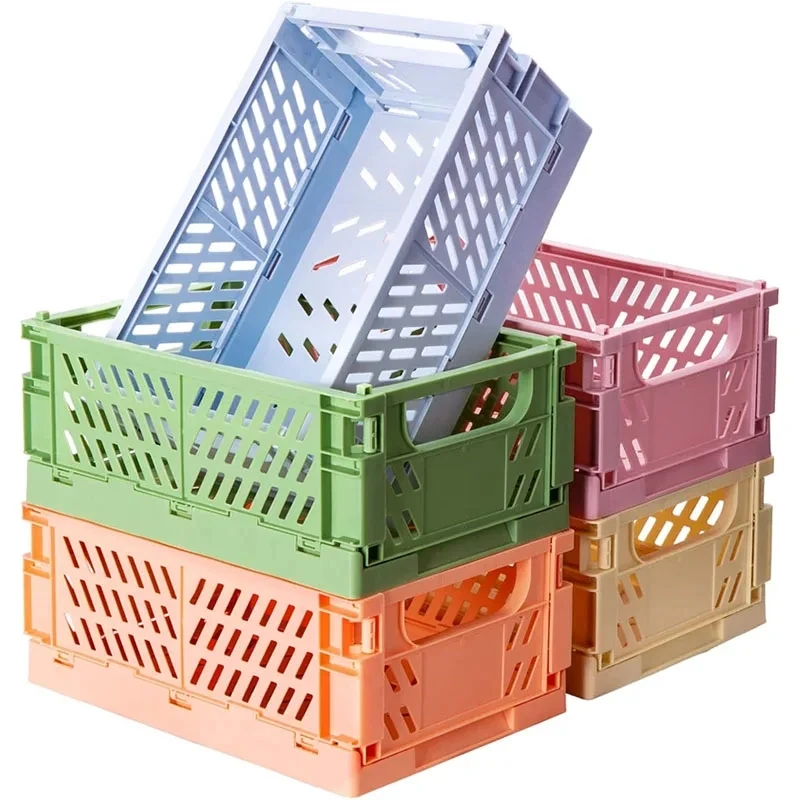 Collapsible Crate Plastic Folding Storage Box Basket Utility Cosmetic Container Desktop Holder Home Use School Desk Storage Box