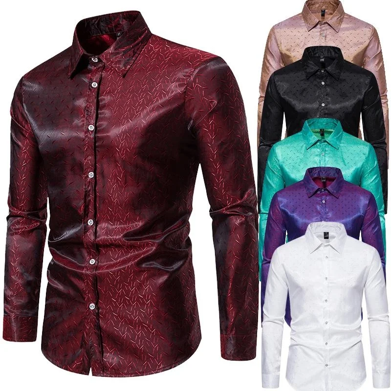 

New Men's Jacquard Comfortable Shirt Long Sleeve Casual Glossy Shirt Vintage Disco Party Prom Shirt camisas de hombre