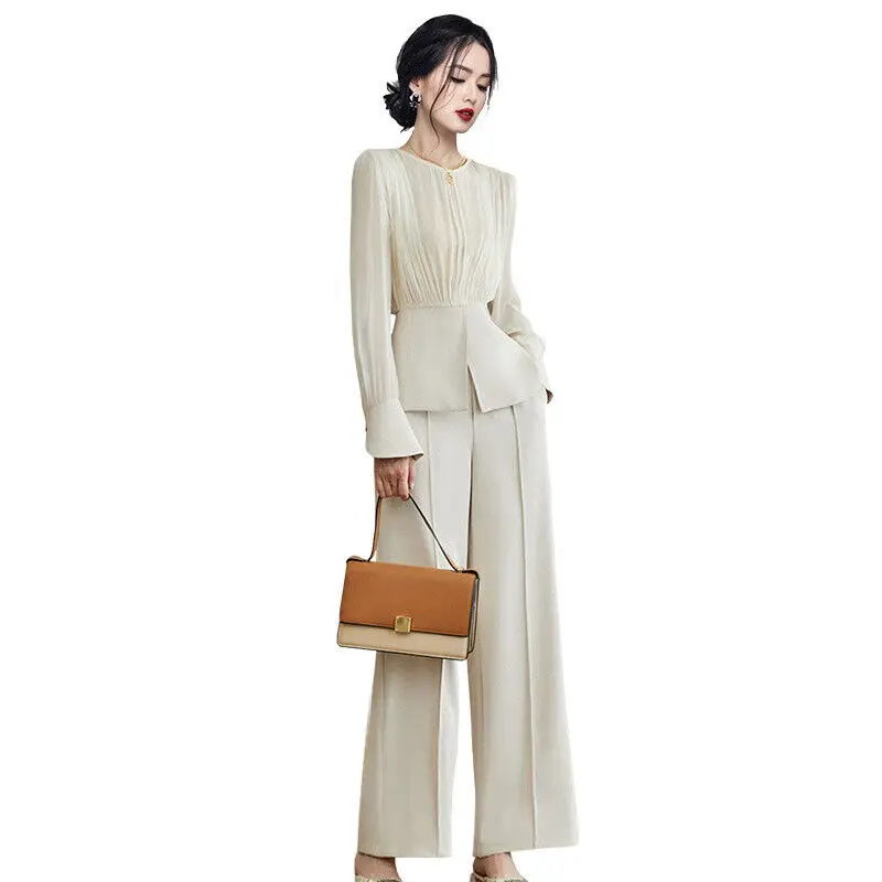 Womens Suits spring autumn formal casual shirt pants white Slender Long Sleeve Blouse Straightwide Leg Pants Two-Piece Set