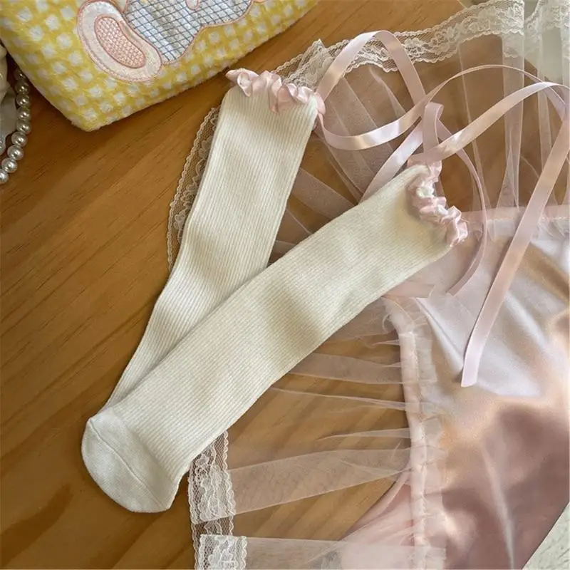 D5QA Calcetines holgados para niñas, calcetines con lazo y cinta, calcetines elásticos hasta rodilla