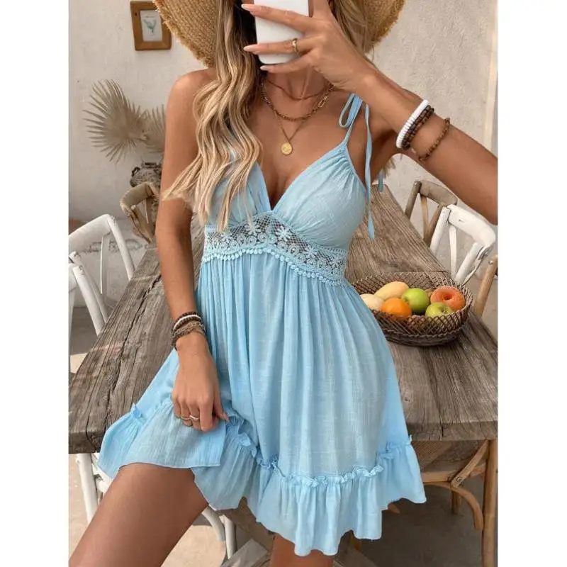 

S 23393 New Summer Beach Vaion Pure Color Lace Splicing Women's Casual Sport Suit Seven Sve Length Autumn Season
