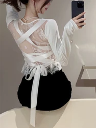 Nero Retro See Through Slim t-Shirt donna 2024 Fashion Sexy Lace Fit Tee Shirt Y2k E-Girl manica lunga Bottoming top Mujer nuovo