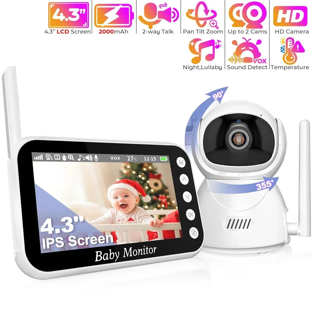 4.3 Inch Baby Monitor Camera 720P HD Screen Video Babyphone Pan-Tilt 4X Zoom Baby Camera Night Vision VOX Mode Two-way Intercom