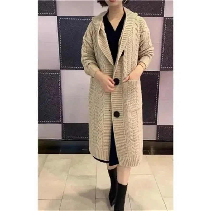 Spring Autumn New Jacquard Twists Hooded Cardigan Sweater Women Long Hooded Single Breasted Knitted Cardigan Coat Ladies M-5XL