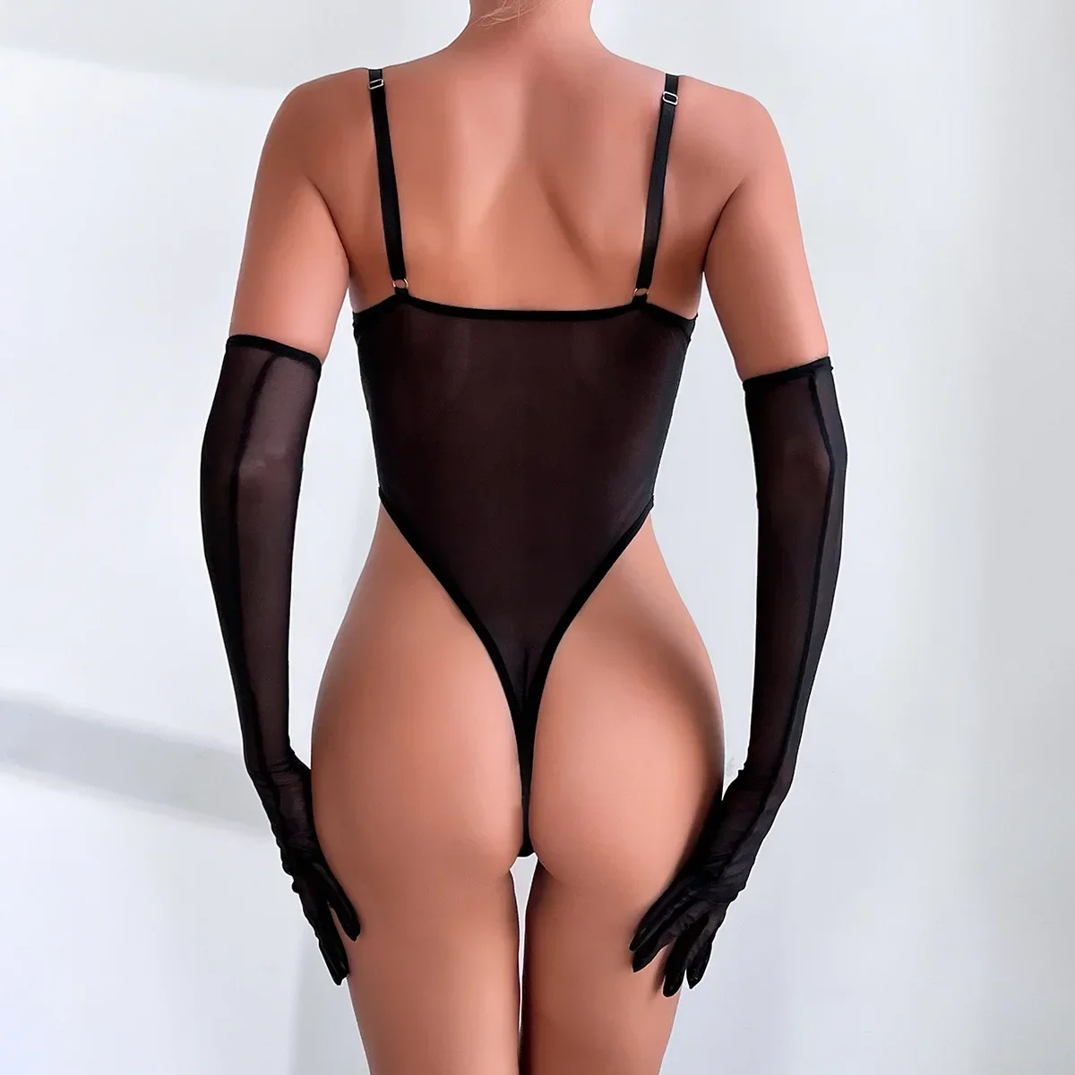 Black Straps Backless See Through Mesh Skinny Bodysuit with Gloves Underwear Women Sexy Jumpsuit Lingerie Erotic Teddies