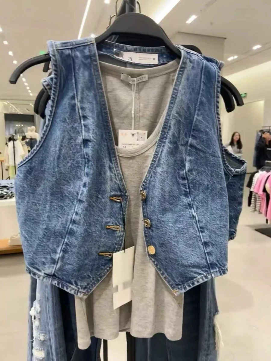 

Весна-лето 2023, женский классический универсальный джинсовый жилет в стиле ретро, уличный жилет с v-образным вырезом, хлопковый однотонный жилет на одной пуговице