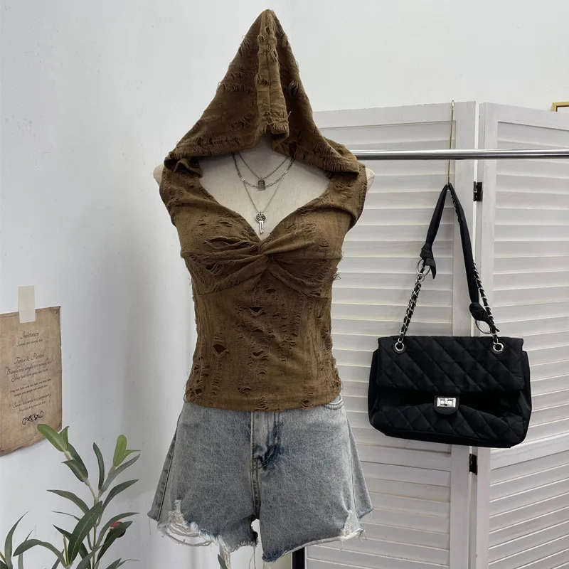 Women Doomsday Wasteland Style Retro Hooded Tank Top Chic Ripped Old Twisted Low Cut Hottie Sleeveless Top Navel-baring Top9620