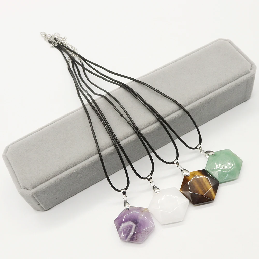 

Regular Hexagon Natural Stone Pendant Necklace Faceted Amethyst Rose Quartz With Adjustable Leather Rope Chain Neck Ornament 1pc