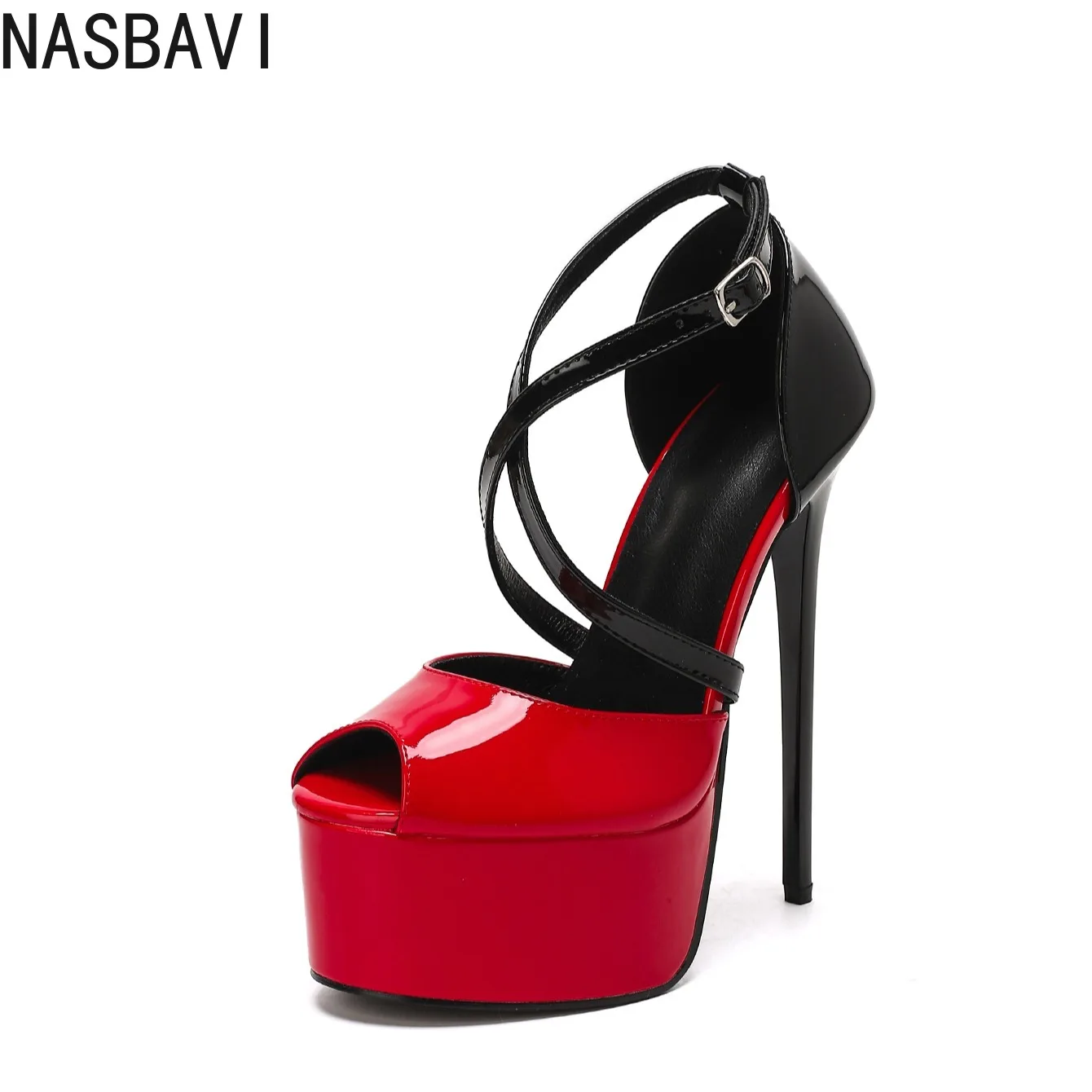 

Sexy Cross Strap Design Patent Leather High Heels Women Fashion Mixed Color Platform Sandals High Heel 16cm Pole Dancing Shoes