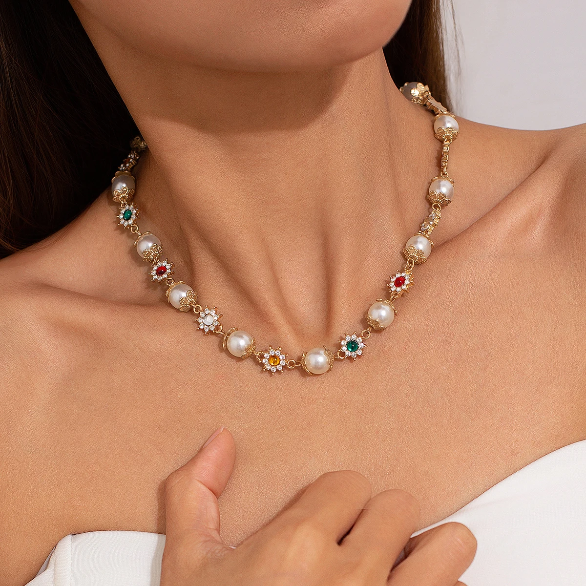 Ingemark Elegant Imitation Pearl Beads Chain Necklace for Women Collar Wed Bridal Goth Rhinestone Choker Party Jewelry Gifts New image 2