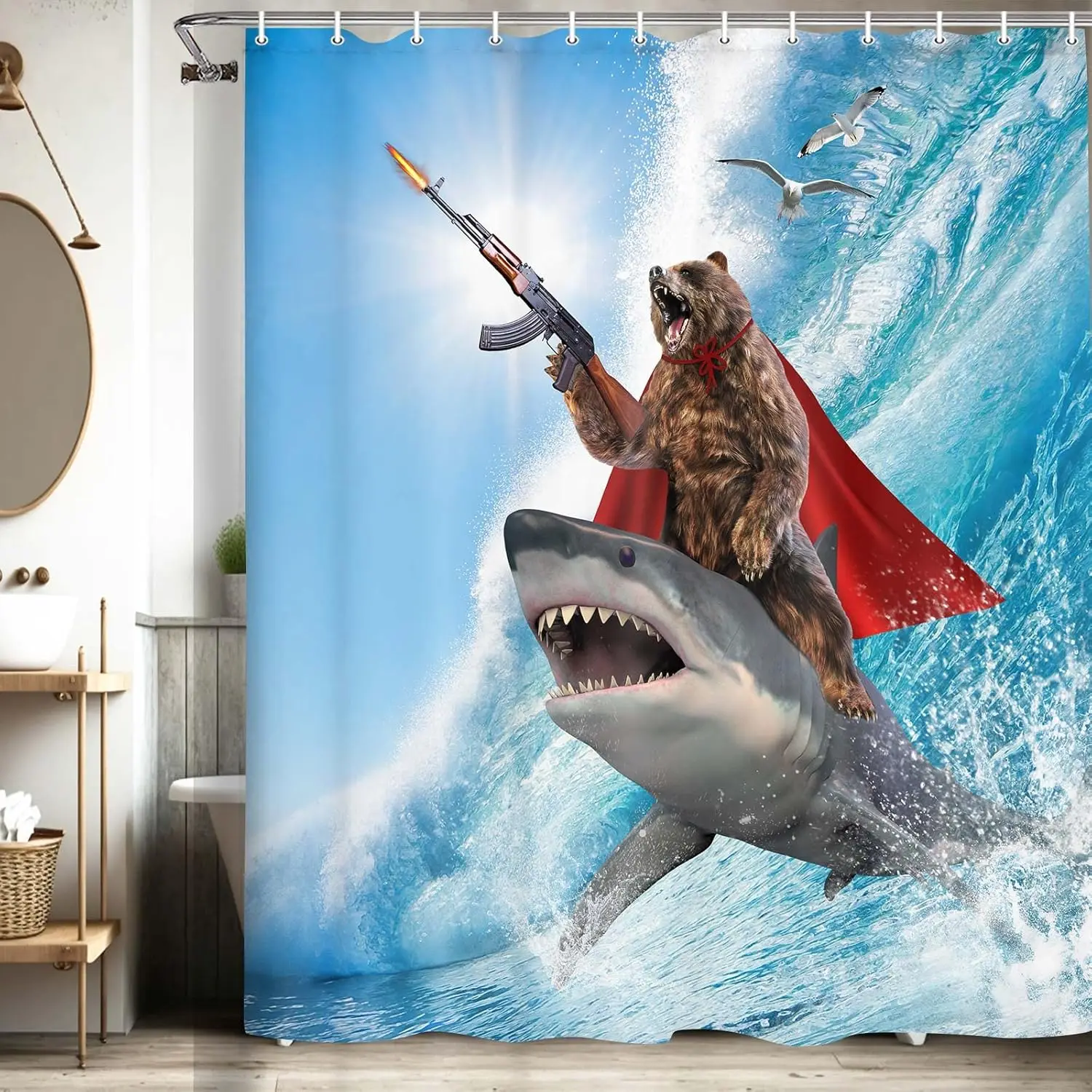 Funny Bear Shower Curtain, Cute Funcy Amusing Bear Riding Shark on Sea Ocean Shower Curtain Set, Blue Nautical Humorous Animal