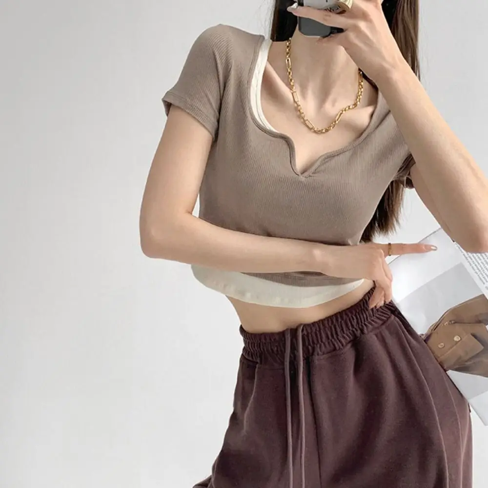 

Ins Y2K Fake Two Pieces Top V-neck Bottoming Shirt Slim Crop Top Women Chic Patchwork Short Sleeve T-shirts Girls