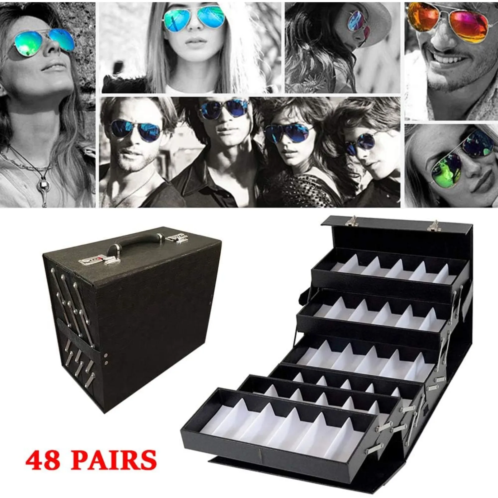 Sunglasses Organizer, 16.14*9.06*14.37in Sunglasses Slot Display Case, Jewelry Collection Storage Holder Box with Clear Glass Lid PU (48 Slots)